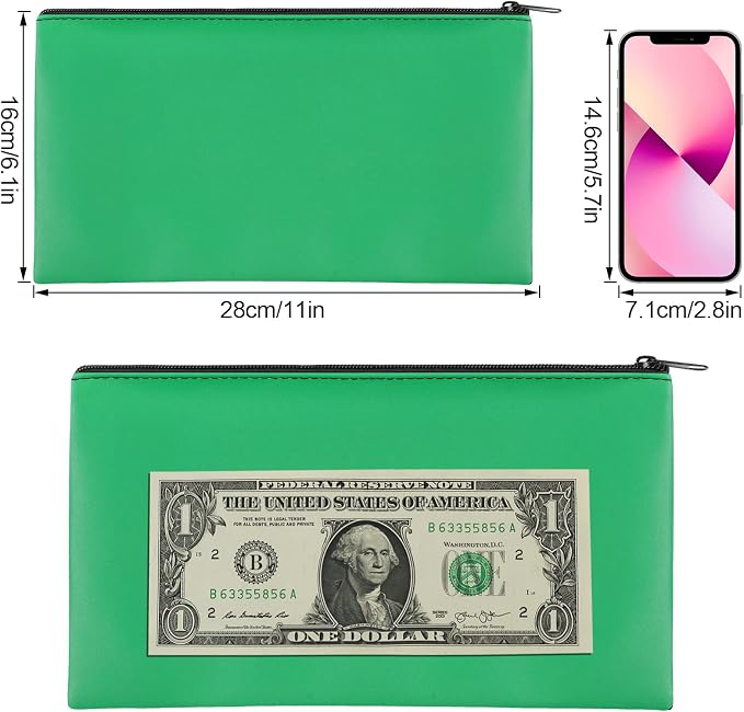 2 Pieces Money Bags with Zipper, 11x6.1 inch Money Pouch, Bank Bag, Cash Bag, Check Wallet, Cosmetics(Green)