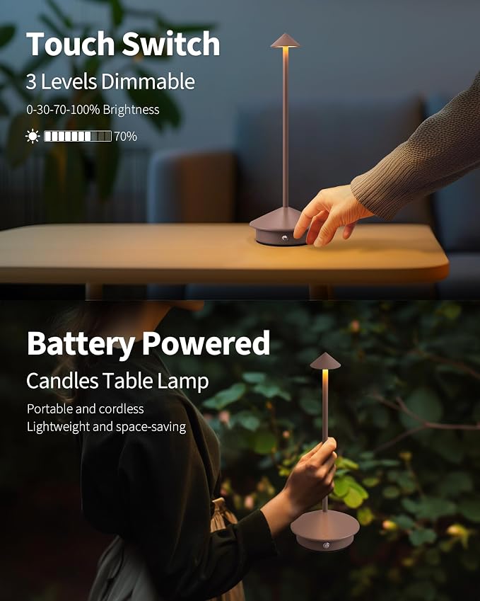 Modern Cordless Table Lamp Set of 2, Brown Portable LED Desk Lamps | 5000mAh, Rechargeable, Battery Operated Lighting for Bedroom, Dining Room, Restaurant, Coffee Shop, Camping, Night Light