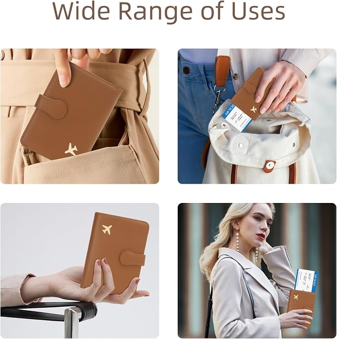 RFID Blocking Passport Holder Travel Wallet | RFID-blocking protects passport & cards. 4 slots, ID window, zipper pocket. PU leather, slim, light. Unisex brown.