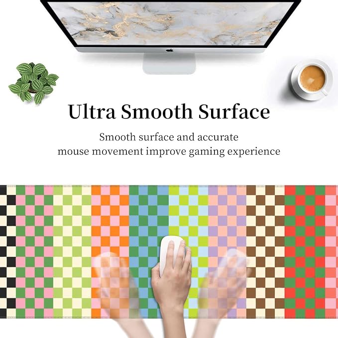 Colorful Checkerboard Gaming Mouse Pad Extended Desk Mat 31.5x11.8in | Gaming Mousepad, Non-Slip Rubber Base, Large Keyboard Pad with Stitched Edges, Desktop Protector, for Office Home