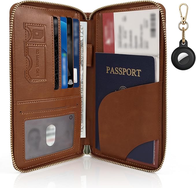 RFID Blocking Passport Wallet, Passport Holder for Travel, Brown | Concealed Wallet with Tracker Case, Security Travel Document Organizer Protector Case, All-in-One Wallet, Travel Essentials