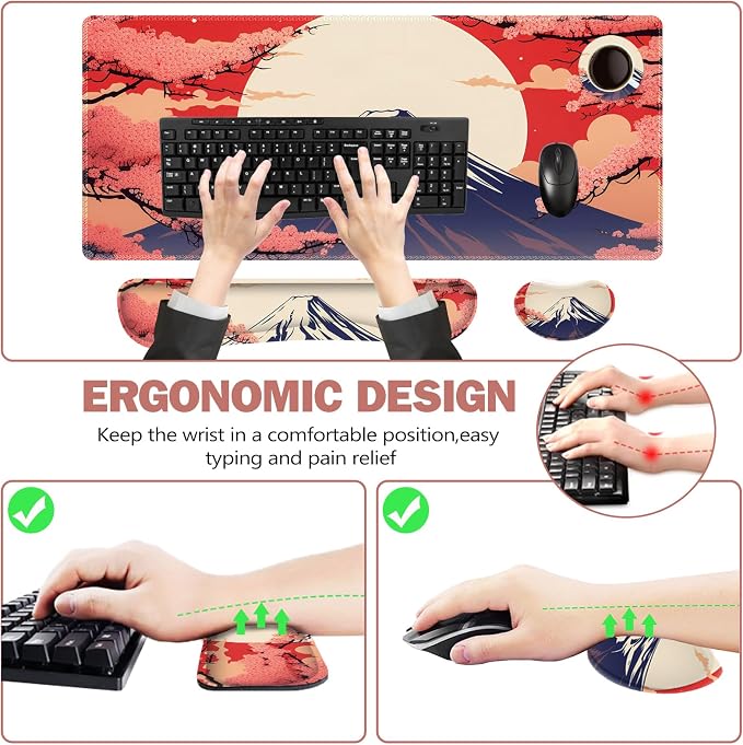ToLuLu Large Mouse Pad Desk Pad Set, Wrist Rest Support Desk Mat for Keyboard Mouse, 4PCS 35.4”x15.7 XXL Giant Mouse Pad, Non-Slip Base Mousepad Office Desk Decor, Japanese Moon Red Cherry Blossom
