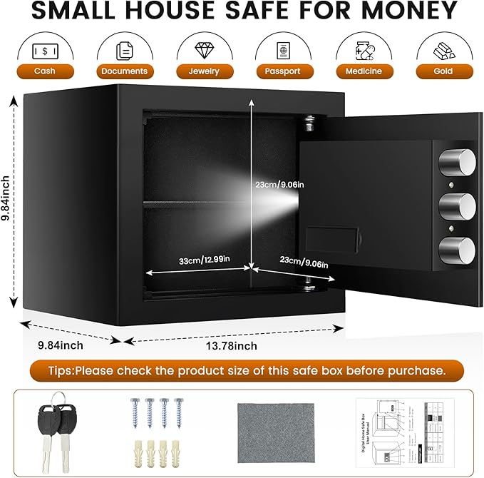 Home Safe Box, Safes with Fireproof Waterproof Bag, 9.84'' H Anti-Theft Digital Security Lock Box with Smart Alert System, Removable Shelf, Mute Function, Document Safes for Jewelry