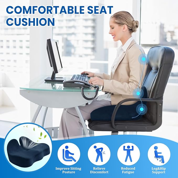 Seat Cushion, Memory Foam Office Chair Seat Cushion for Office Chairs/Car/Long Trip/Desk Chair/Gaming, Extra Large Size for Sciatica & Hip & Tailbone Pain Relief, Sciatica Support (Blue)