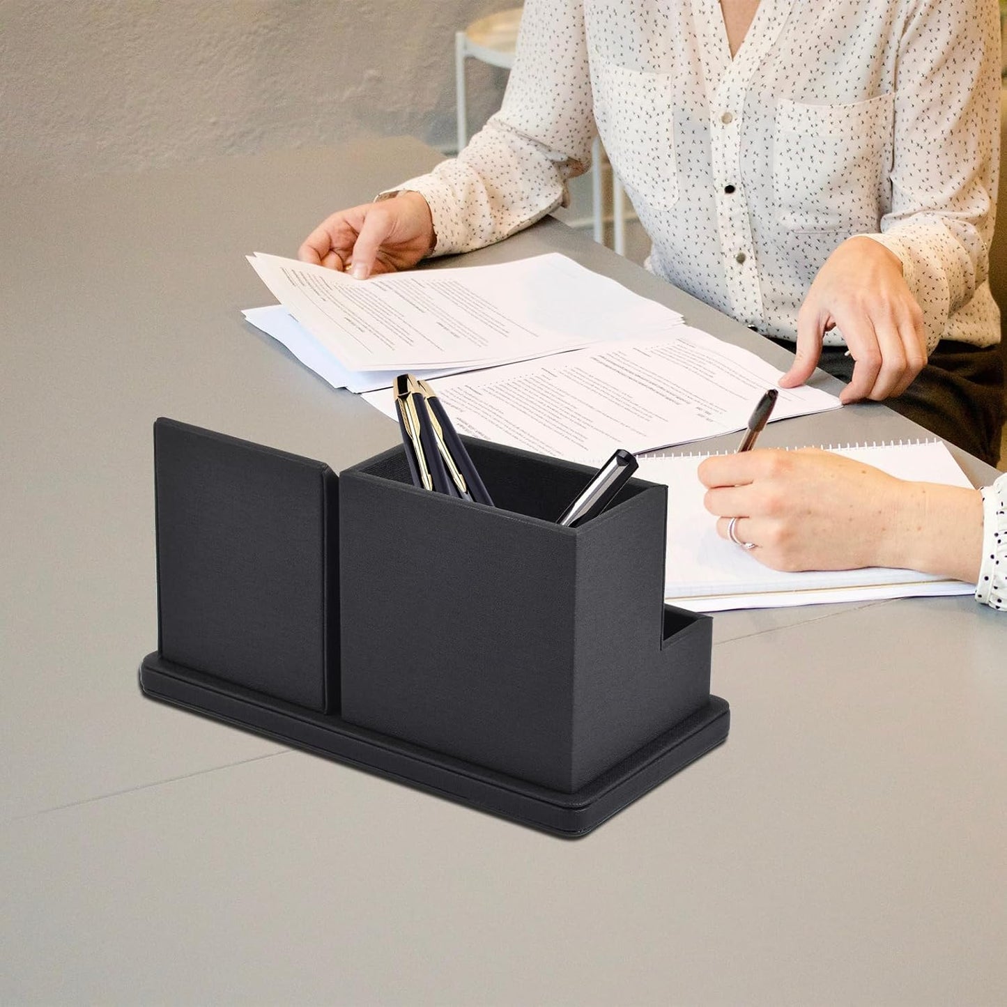 Pu Leather Desk Pen/Pencil Organizer Multi-Function Cell Phone/Remote Control Storage Box with 3 Compartments Office Supplies Sticky Note Tray Business Cards Holder,Black
