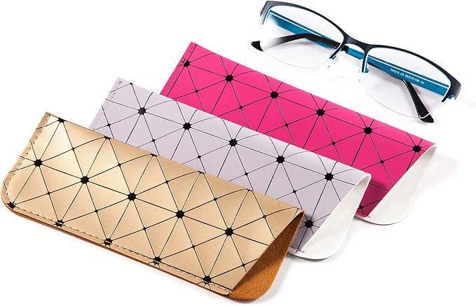 TRIUMPH VISION 3 Pack Reading Glasses Pouch Soft Case Eyeglass Sleeve Slim | Alternative to Bulky Case in bag, Lightweight Lined Padded Protect Optical lens Slip in, Cute Pattern Portable for Daily Use