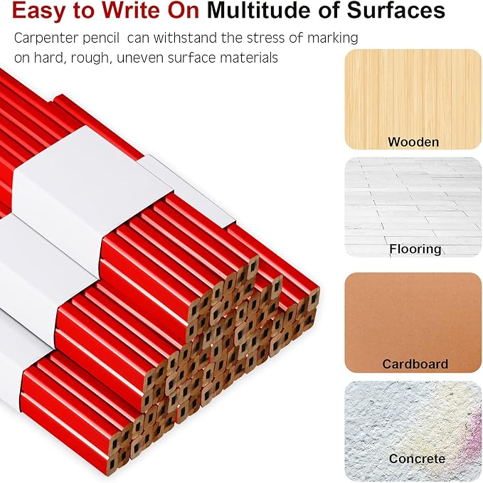120 Pcs Carpenter Pencils Bulk Construction Plan Medium Hard Natural Wood Cased Quality Flat Wood Octagonal Red Hard Black Pencils for Woodworking Marking