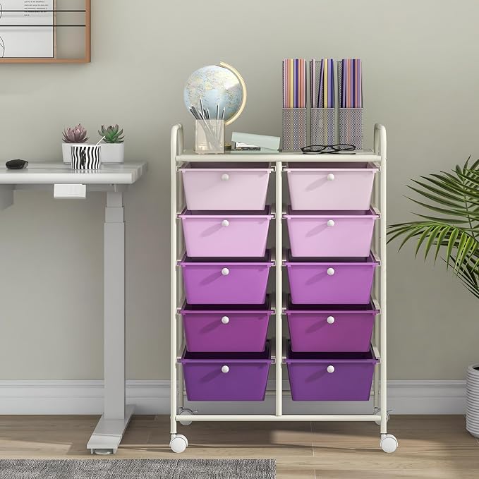 BECOMFORT 10-Drawer Rolling Cart with Drawers, Storage Cart on Wheels, Teacher Classroom Organizers with Metal Frame, Mobile Craft Cart, Trolley Utility Cart for School Office Play Room