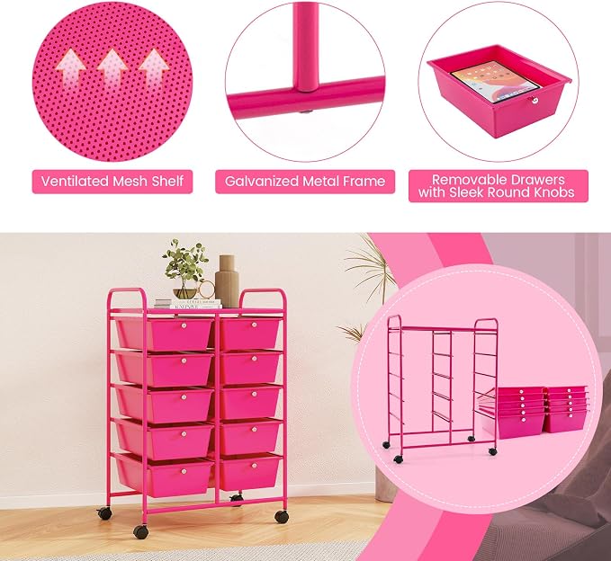 RELAX4LIFE 10-Drawer Rolling Storage Cart - Mobile Craft Art Supply Storage Organizer for Tool Scrapbook Paper Salon, Office School Classroom Teacher Rolling Cart with Drawers, Utility Cart on Wheels