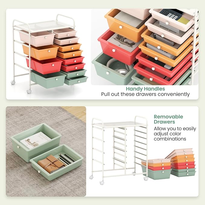 12 Drawer Rolling Storage Cart, Rolling Cart with Drawers for Classroom, Art Supply Craft Organizer on Wheel with Metal Frame & Handles for Home Office School (Macaron, 12 Drawer Left-Right)