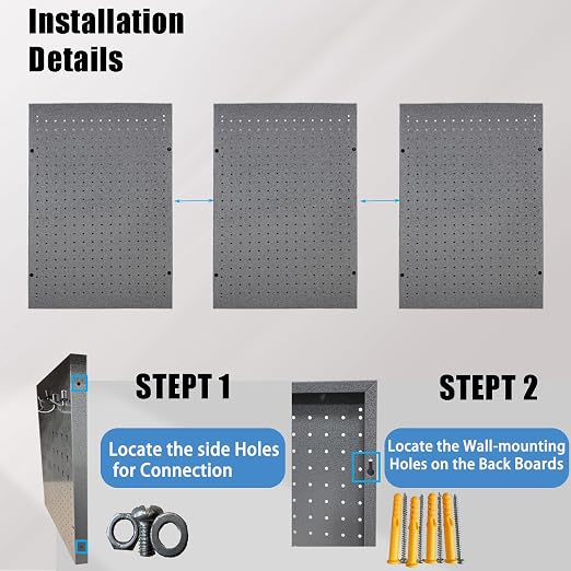 3 PCs Metal Pegboard Heavy Duty Peg Board Kit Wall Organizer 48" x 24" Tool Storage Board for Garage Basement Includes Screws Kits, Grey