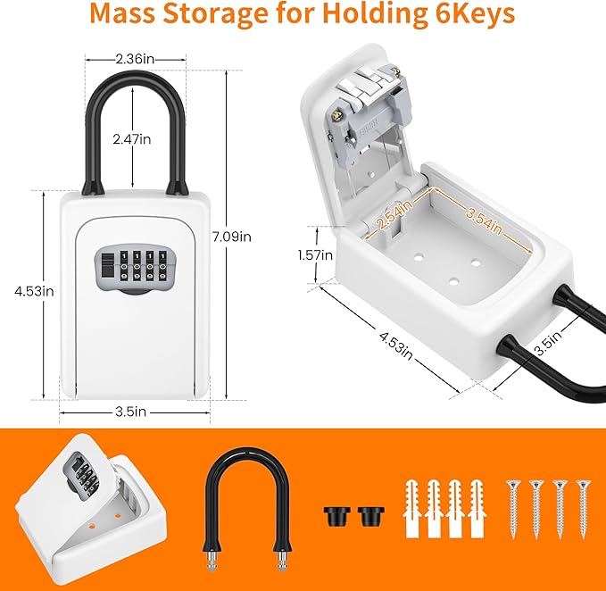 Portable Key Lock Box, Upgrade Clearly Visible Numbers, Lock Box Wall Mounted for House Key, 5 Key Capacity, Weatherproof Resettable Code (White, 2)
