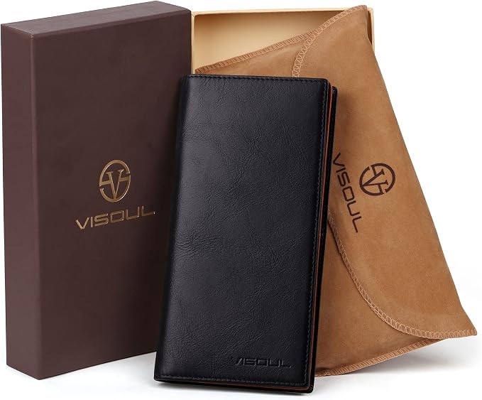 VISOUL Leather Checkbook Cover Wallet for Men with RFID Blocking, Mens Long Bifold Cash Tall Wallet with 11 Credit Card Slots 1 ID Window (Black and Orange)