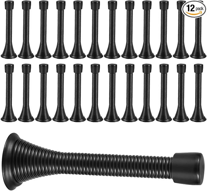 KISEER 24 Pack Spring Door Stops 3 1/4 Inch Flexible Heavy Duty Spring Door Stopper with RustProof Screw Rubber Bumper Tips (Black)