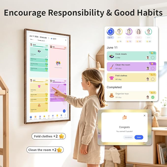 LIVINGPAI Smart Digital Wall Calendar, 27 Inch Full HD Touchscreen Family Planner, Chore Chart & Meal Planner, WiFi Shared Calendar Display, Google iCloud Outlook Sync, Wood Frame