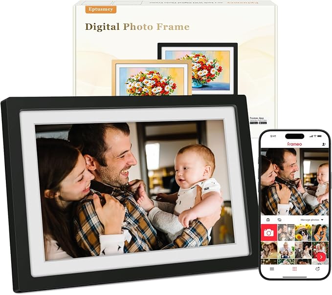 Frameo Digital Photo Frame WiFi Matte Black Frame 10.1 Inch Picture Frame with 1280x800 HD IPS Touchscreen, Built-in 32GB, Send Photo Video via Frameo App/USB/SD, Gifts for Women Men