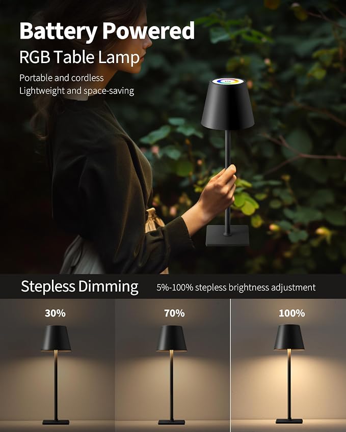 KDG 2 Pack Cordless Black Table Lamps, RGB Color Stepless Dimming Desk Lamp | 4000mAh Battery Operated Rechargeable Portable LED for Restaurant, Bedroom, Outdoor Garden, Camping, Coffee Shop, Nightlight