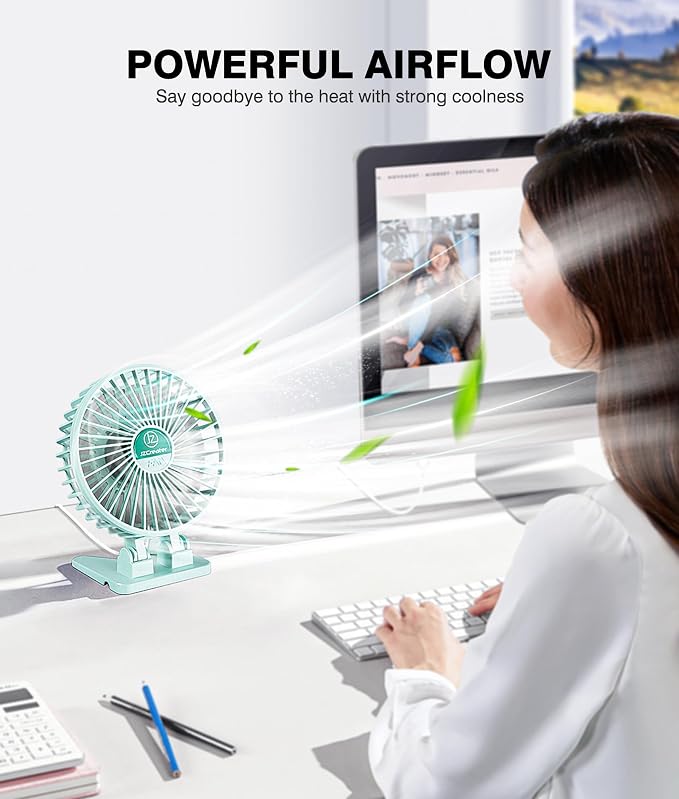 JZCreater USB Desk Fan, Mini Fan Portable, 3 Speeds Desktop Table Cooling Fan, Plug in Power Fan, Rotation Strong Wind, Quiet Personal Small Fan for Home Desktop Office Travel Bedroom, Apple Green