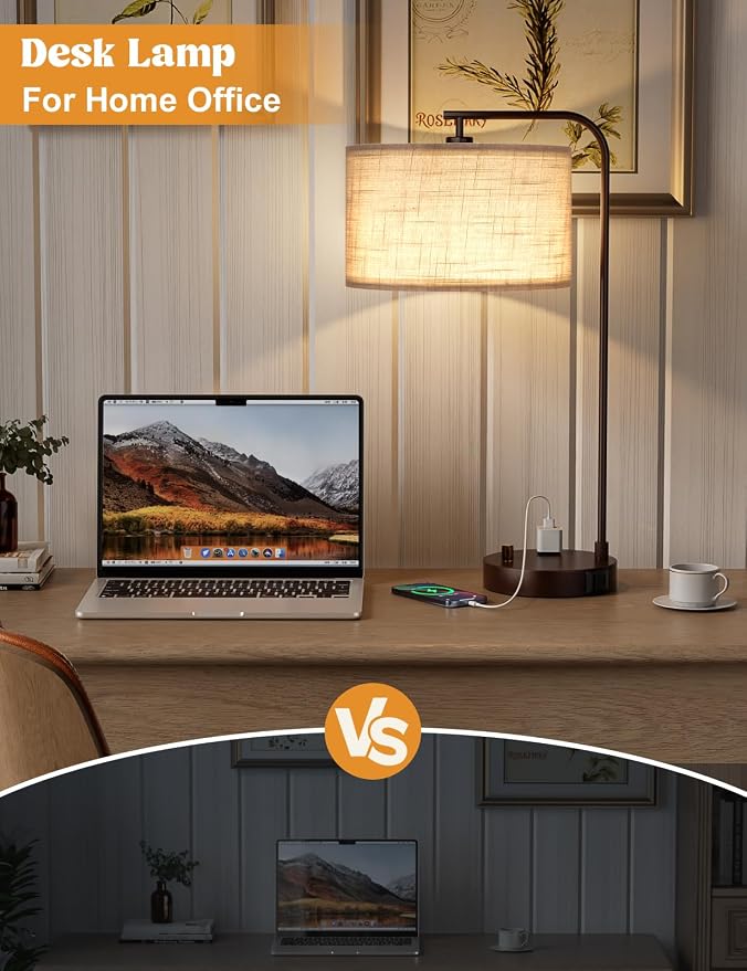 Innqoo Grey Tall Lamp for Bedroom with USB Port and Outlet, Dimmable Nightstand Bedside Lamps with Linen Lampshade, Desk Lamp for Home Office, Living Room, Guest Room, LED Bulb Included