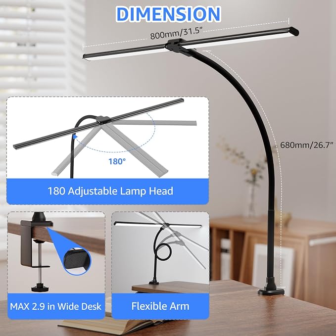 ShineTech LED Desk Lamp for Home Office, 5000K Bright Double Head Architect Task Lamps with Clamp, Dimmable Adjustable Flexible, Black