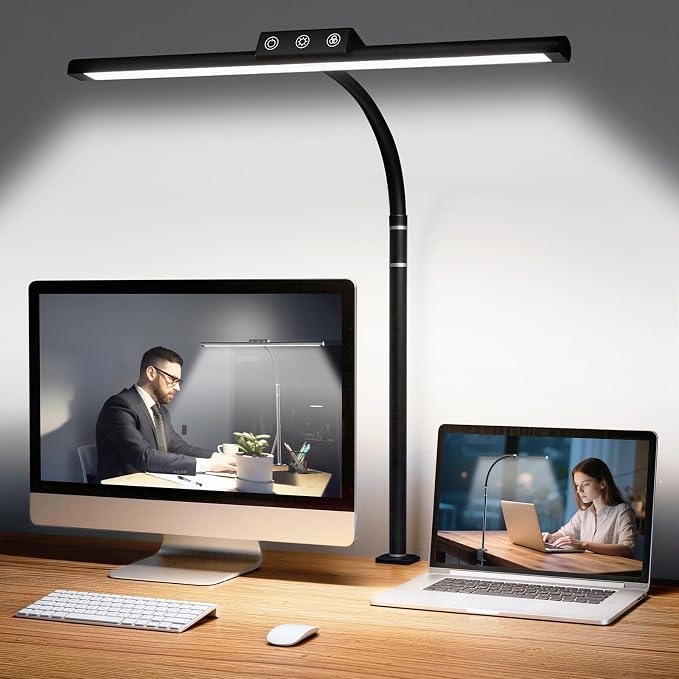 LED Desk Lamp for Home Office, Flexible Gooseneck Desk Lamp with Clamp, 5 Color Touch Control Stepless Dimming Adjustable Eye-Caring Desk Light with Adapter for Reading, Study, Workbench (Black)