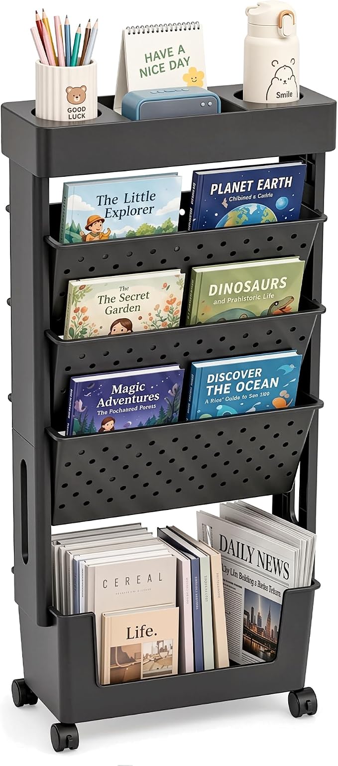 BYFU 5-Tier Rolling Bookshelf Cart, 30.7" H, Black | Movable with Wheels, File Paper Storage Organizer, For Home Office Study Classroom