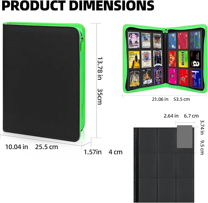 Premium Trading Card Storage Album,9 Pocket 40 Side Pages, 360 Cards,Black Zipper Binder for Collectible Games, Sports Card Organization&Protection (Black Fluorescent Green Light)