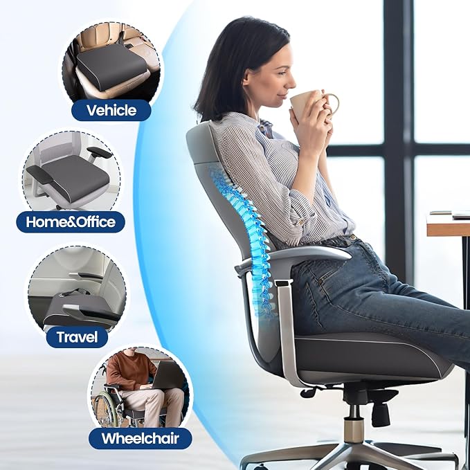 SweetSlubr Seat Cushion for Tailbone Pain Relief, Office Chair Cushion, Memory Foam Large Chair Pad with Non-Slip Cover for Soft Support at Office Chair, Car Seat, Airplane Grey/2X-Large