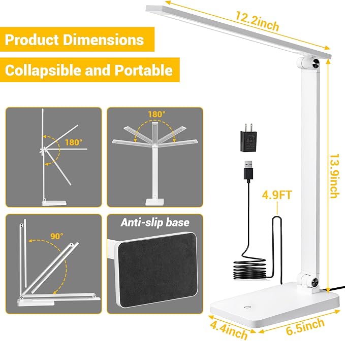 LED Desk Lamp for Home Office, 3 Levels Dimmable Desk Light with USB Charging Port, Reading Lamp for Table Study Work Office Nail Craft Puzzle, White, 5000K