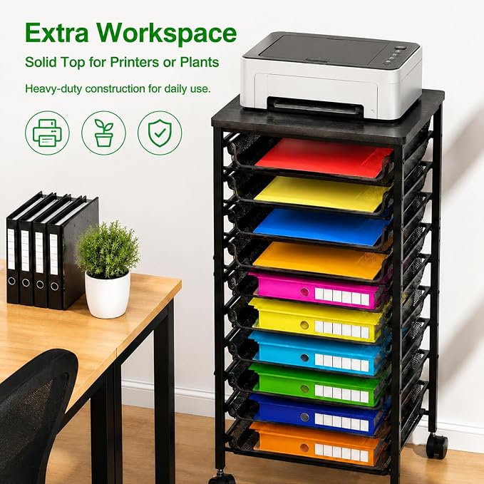Ekisemio 11-Tier Rolling File Cart, Mobile Desk-Side Organizer with Top Shelf and Side Baskets, Wire Storage Rack for Letter Folders, Home Office & School, Black