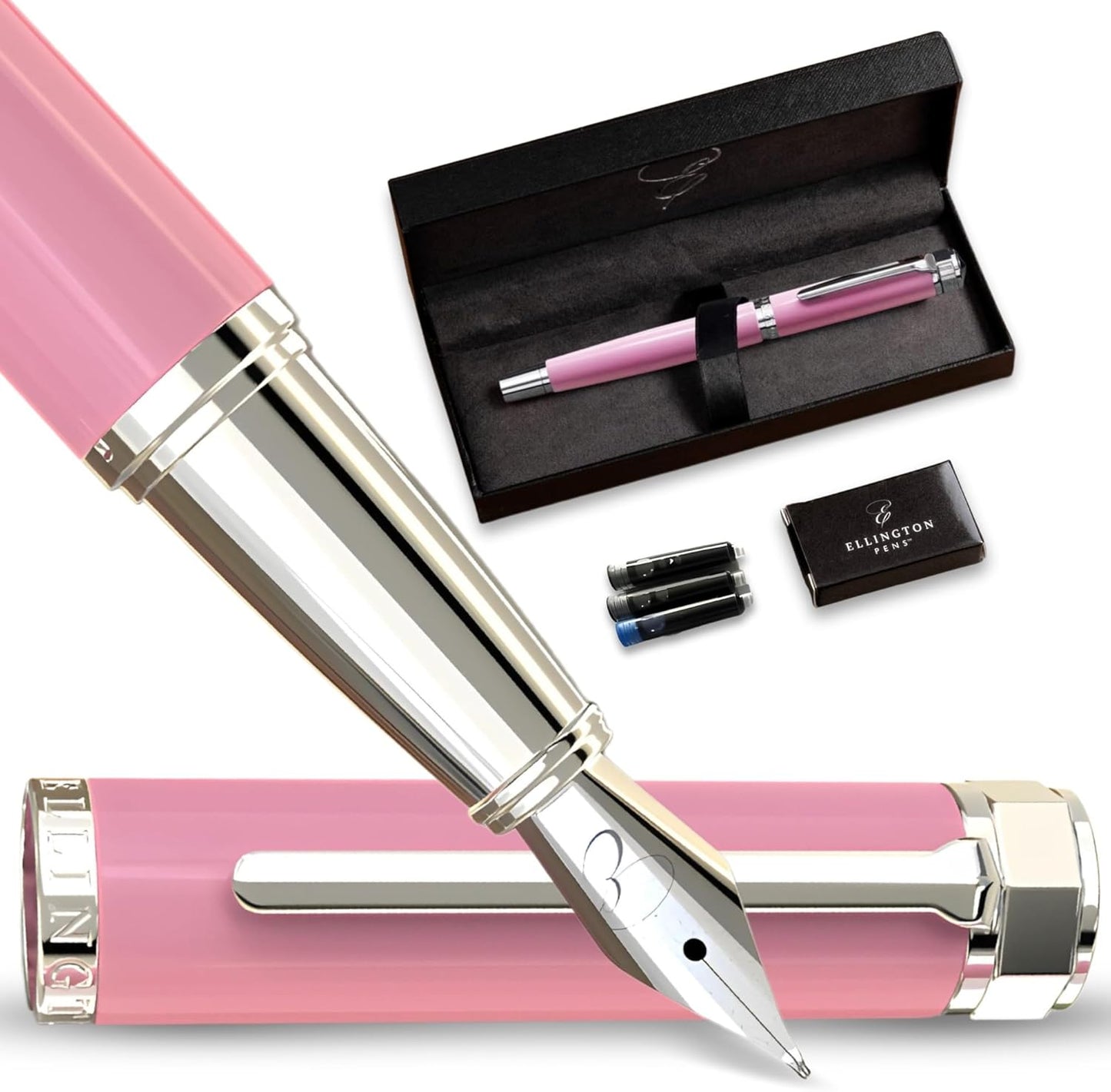 Luxury Fountain Pen Set- Fountain Pens for Writing - Smooth Extra Fine Nib - Includes Refillable Ink Converter, 3 Ink Cartridges [Black & Blue], Gift Box - Elegant Calligraphy