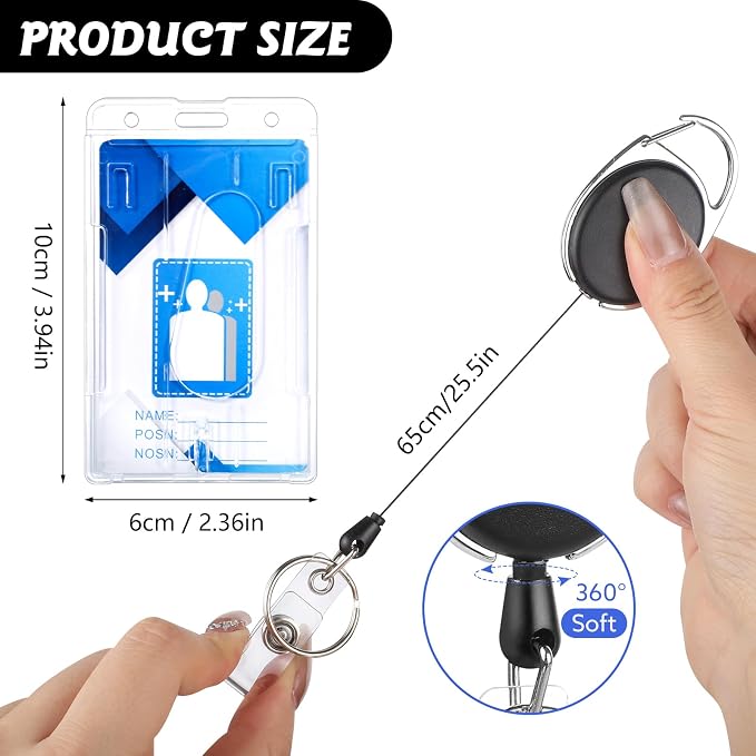 2 Set Badge Holder Retractable Clip Heavy Duty Reels with Clear Vertical ID Card Badge Holders Thumb Slots Hard Transparent PC Case for Work Office