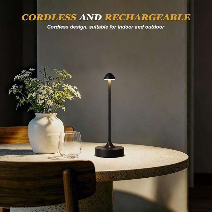 Cordless Rechargeable Table Lamp, Battery Operated Desk Lamp, Black, 2 Pack | Wireless Night Light, 3 Color Modes, Stepless Dimming, Portable LED Lighting for Dining Room, Restaurant, Bedside, Kitchen