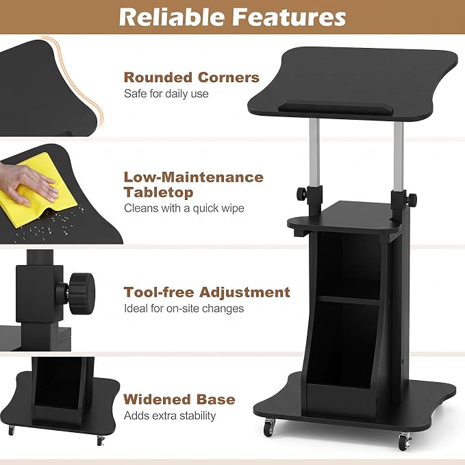 Tangkula Mobile Lectern Podium, Height Adjustable Podium Stand, Standing Sit-to-Stand Desk, Rolling Cart Laptop Desk with Swivel Top Movable Wheels & Storage