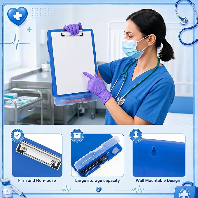 Crtiin 6 Pcs Colored Clipboard with Storage, 8.5 x 11 Inch Heavy Duty Plastic Nursing Clipboard Folder with Pen Holder A4 Medical Holder for Nurse Doctor Teacher Office (Dark Blue)