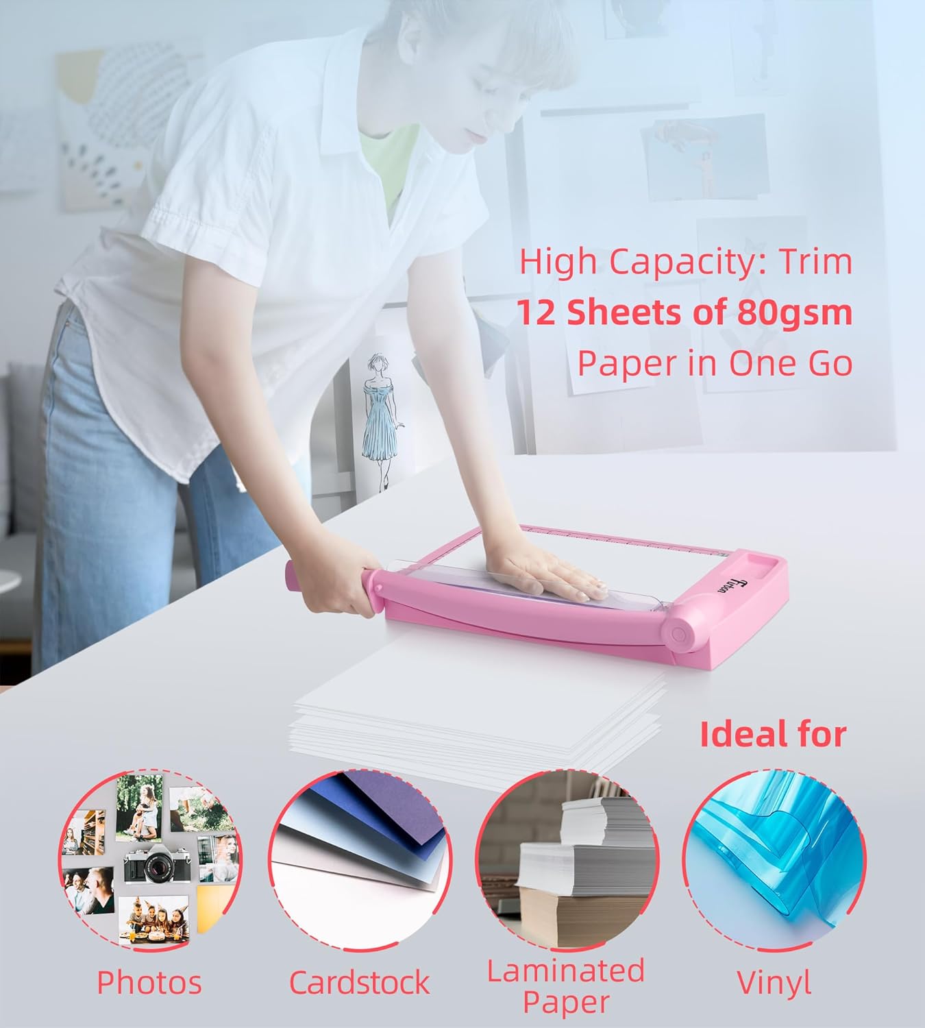 Firbon 12" Guillotine Paper Cutter, Heavy Duty 12-Sheet Capacity Trimmer for Cardstock, Photos, Scrapbooking, Office, Classroom, Studio (Pink)