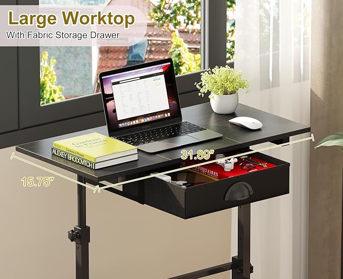 Adjustable Height Standing Desk With Drawer, Rolling Sit Stand Up Desk With Wheels, Small Sit To Stand Computer Desk, Adjustable Desktop Height, On Wheels, Black, For Walking Pad Laptop Treadmill