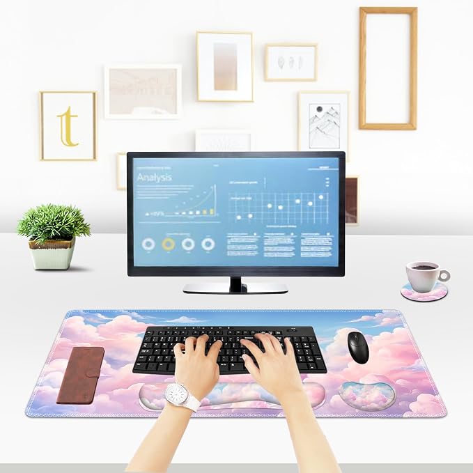 ToLuLu Large Mouse Pad Desk Pad, Wrist Rest Desk Mat for Keyboard and Mouse | 4PCS 35.4”x15.7" XXL Giant Mouse Pad Set, Non-Slip Base Stitched Edges Support Mousepad for Home Office, Dreamy Clouds