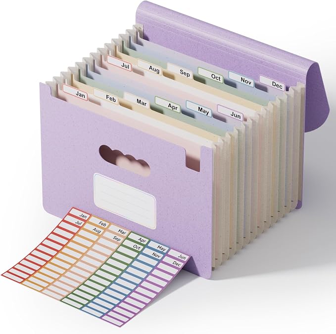 ThinkTex 12-Pocket Accordion File Organizer, Letter & A4 Size, 16 Colors | for Paper Receipts, Bills&Taxes Organizer, Portable Letter/A4 Size Document Holder for School, Office, Home