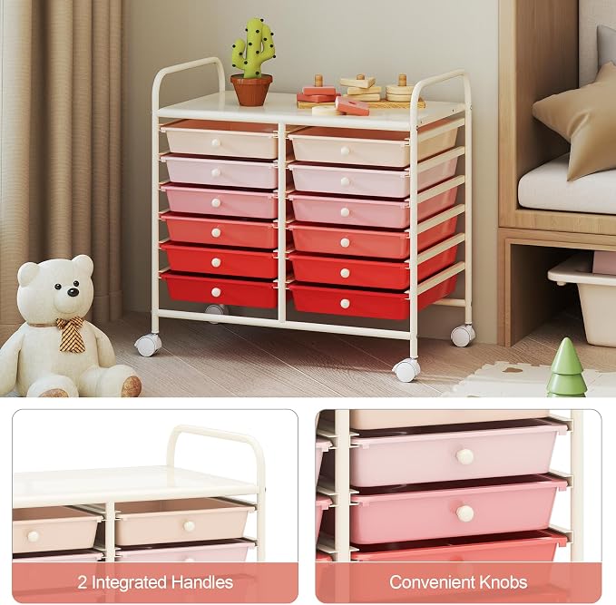 RELAX4LIFE 12-Drawer Rolling Storage Cart - Mobile Utility Cart on Wheels for School Classroom Teacher Office Salon, Paper File Art Supply Craft Organizer, Rolling Cart with Drawers (Gradient Pink)