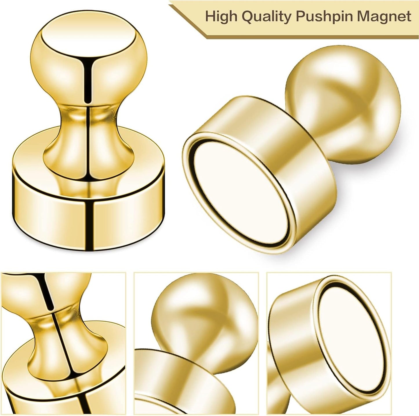 LOVIMAG Refrigerator Magnets, Fridge Magnets, Strong Whiteboard Magnets, Gold 50 Pcs Magnetic Push Pins, Strong Metal Magnets for Fridge, Whiteboard, Office, Classroom, Map, Kitchen