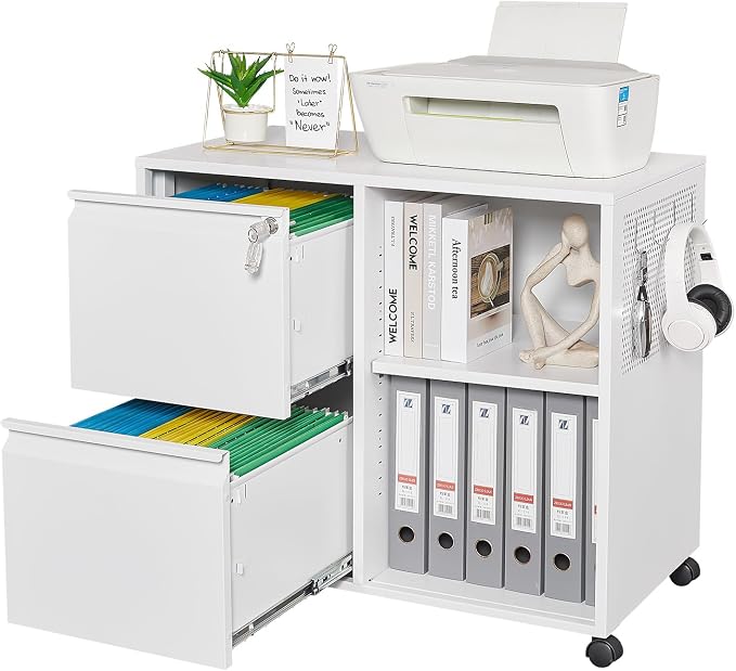 2-Drawer Metal File Cabinet with Lock, Mobile Lateral Filing Cabinet, Printer Stand with Adjustable Storage Shelves for Home Office (White)