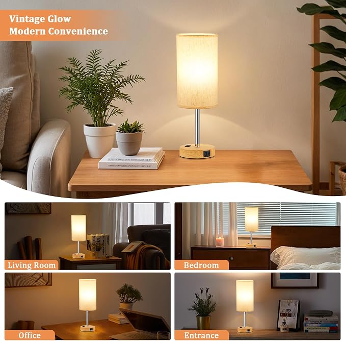 Touch Bedside Table Lamps Set of 2 - Bedroom Lamp with USB A+C, AC Outlet | 17" Tall Nightstand Lamp for Dorm, 3-Way Dimmable, LED Bulb Included, Linen-Texture Fabric Lampshade, Wood-Grain Metal Base
