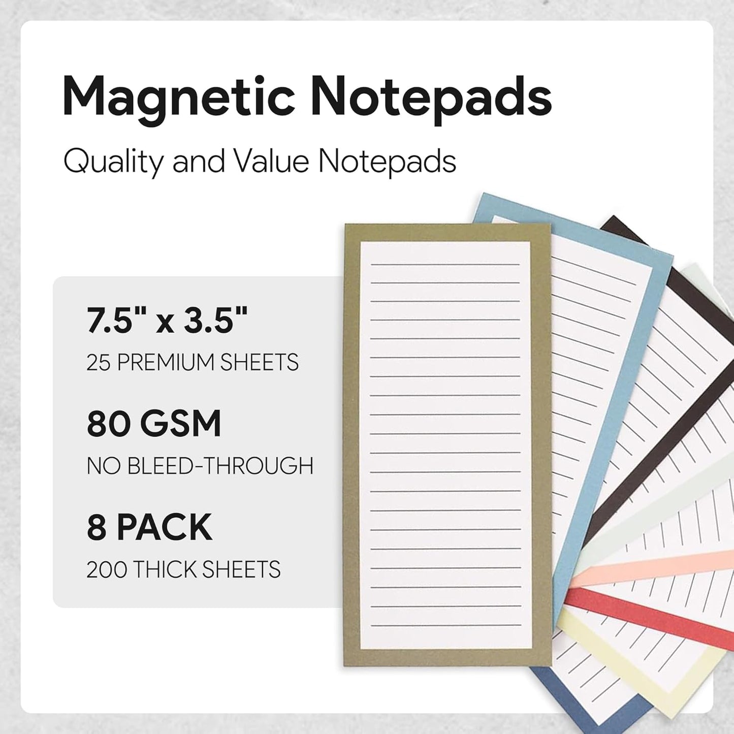 Magnetic Notepads – Notepads for Grocery List, Shopping List, To-Do List, Reminders -Strong Magnetic Back- Memo Notepad | 8 pack Medium | Solid Pattern Style