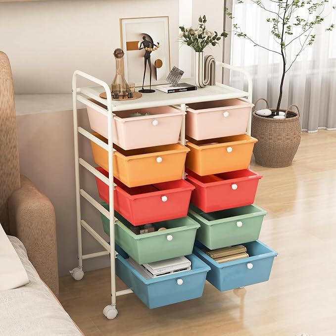 10 Drawer Rolling Cart, Storage Cart Organizer on Wheels, Drawer Cart with Metal Frame & Large Storage Capacity, Rolling Cart with Drawers for Living Room Classroom, Office