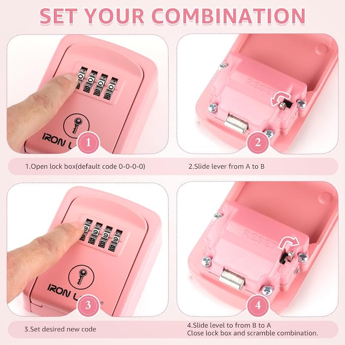 Iron Lock® Small Wall Mount Key Lock Box for Keys Outside (Pink) | Combination Lock, Resettable 4-Digit Code, Screw-In Wall Mount, Weather-Resistant Metal, No Battery or App, Holds 2 to 5 Keys