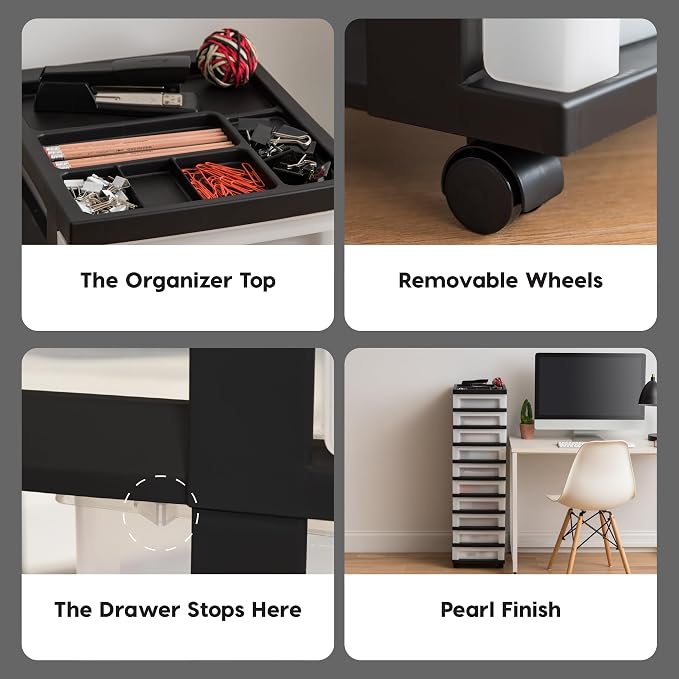 IRIS USA 10-Drawer Rolling Storage Cart, Black/Pearl | Keep classroom supplies, teacher essentials, craft materials, and learning tools organized with easy-access drawers.