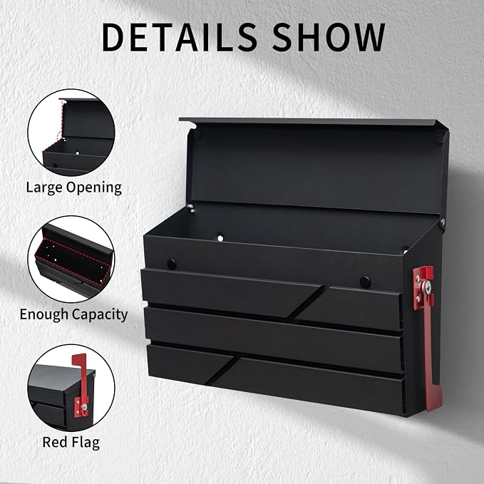 Wall Mount Mailbox for House Outside, Large Capacity Mailbox with Flag Drop Box, Galvanized Steel and Rust-Proof Metal Post Box, 15.74"x9.84"x4.33", Black, MD065