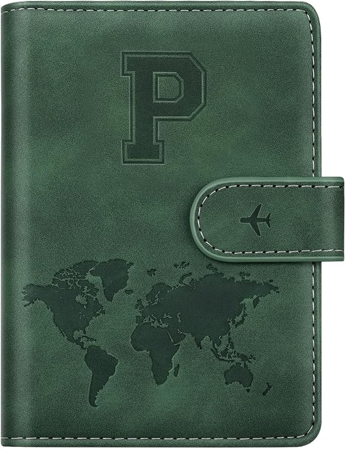 Passport Holder Wallet Cover Personalized Initial Travel Essentials | Embossed Letter A-Z Design, Travel Wallets, RFID Blocking, Passport Book Holders, Women and Men, Personalized Gifts, Green-P