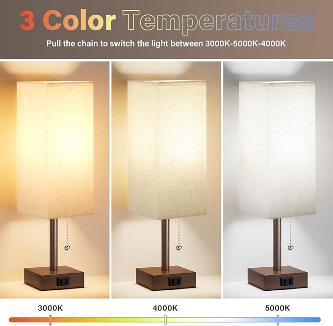 Bedside Lamp for Bedroom Set of 2 - Table Desk Lamp for Nightstand | AC Outlet, 3 Color Temperatures, LED Bulb Included, Pull Chain Design, 14" Rectangular Desk Lamp for Dorm/Office, 2-Pack